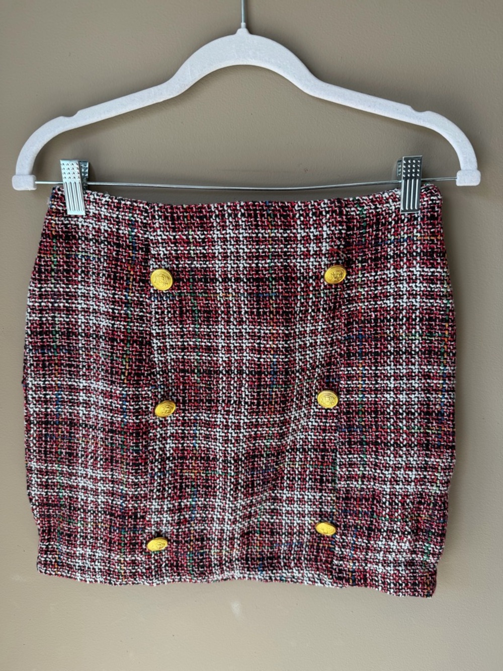 PrettyLittleThing Red Tweed Button Mini Skirt